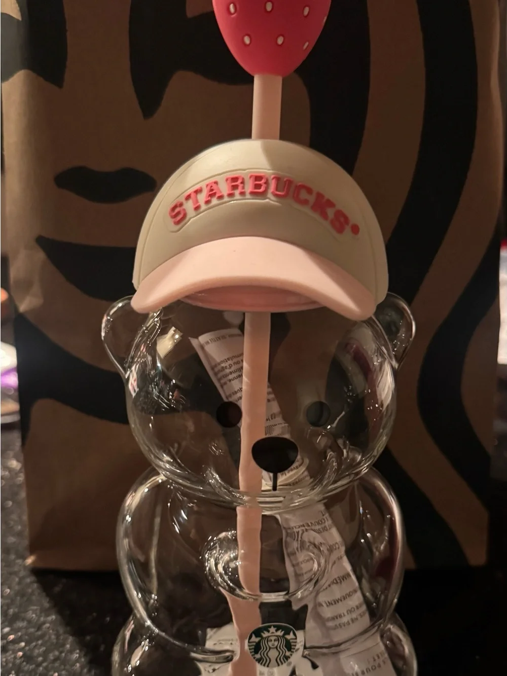 Starbucks Pink Bearista Glass Cold Cup with Strawberry Topper